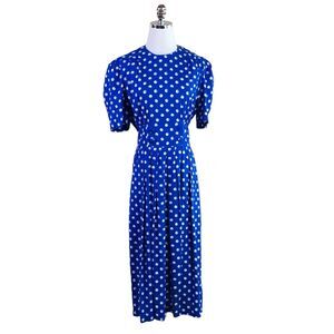 Vintage 90s Secretary Dress Blue White Polka Dot Pleated Midi Size 12
